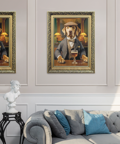 Labrador Art | Dog Art | S.Golding Ornate Art | Pub Dog | Labrador dressed in a flat cap with a pint of beer in in a pub, in a gold ornate frame
