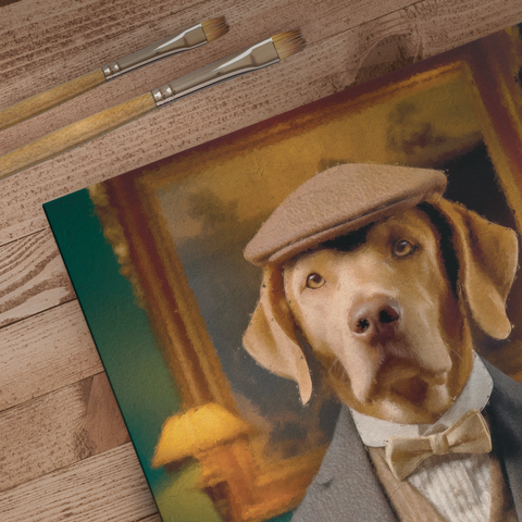 Labrador Art | Dog Art | S.Golding Ornate Art | Pub Dog | A painting of a Labrador dressed in a flat cap with a pint of beer in in a pub, unframed artwork