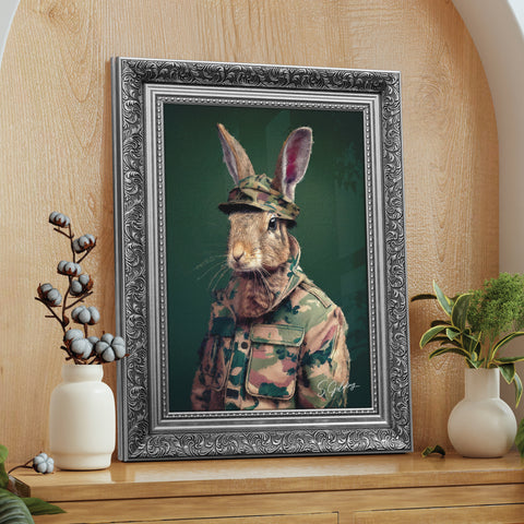 Framed portrait of a rabbit in camouflage military uniform and cap, painted in a realistic style by S.Golding, displayed in a silver frame on a wooden shelf.