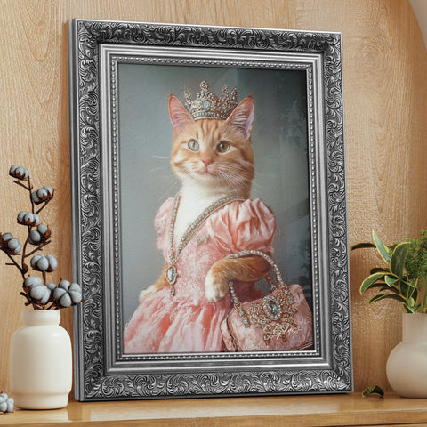 Framed pet portrait of a cat in a pink dress with a crown on a wooden surface.