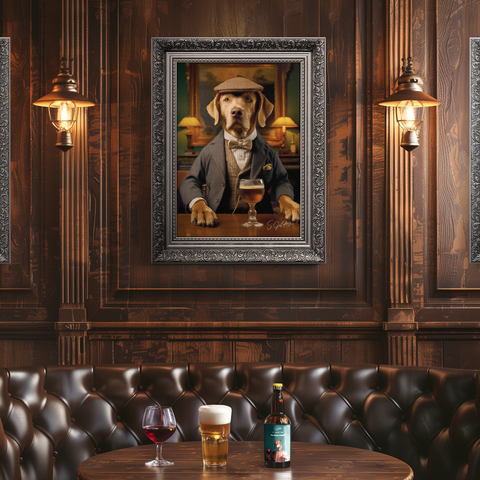 Labrador Art | Dog Art | S.Golding Ornate Art | Pub Dog | A painting of a Labrador dressed in a flat cap with a pint of beer in in a pub, in a silver ornate frame