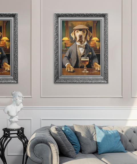 Labrador Art | Dog Art | S.Golding Ornate Art | Pub Dog | A painting of a Labrador dressed in a flat cap with a pint of beer in in a pub, in a silver ornate frame