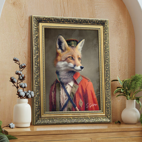 Framed portrait of a fox in a military uniform in a gold frame on a wooden surface