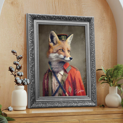 Framed portrait of a fox in a military uniform in a silver frame on a wooden surface