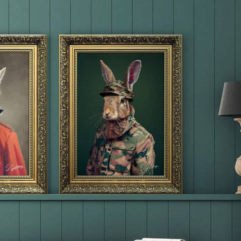 Rabbit Art | Army Rabbit | S.Golding Animal Art | Country Art | Art for lounge | Home Decor | Rabbit Painting | Hare Art | Ornate Art