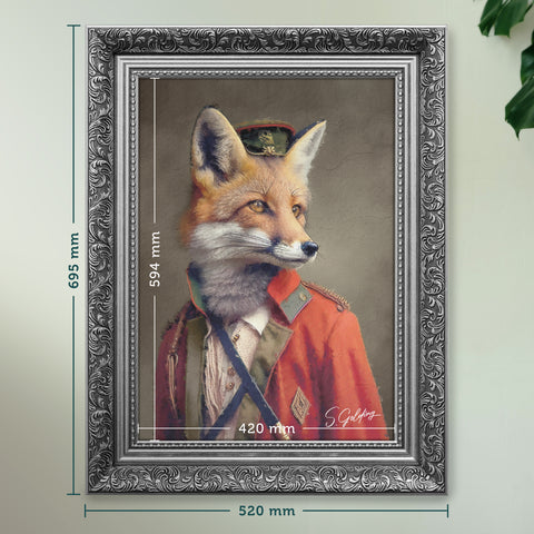 Framed portrait of a fox in a military uniform with the frame measurements