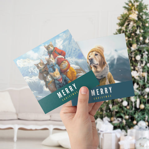 2 S.Golding Christmas card. One card features a group of cats wearing winter clothing and the second card displays a dog dressed in a knitted hat and scarf. Both cards have the words 'Merry Christmas' printed on the bottom.