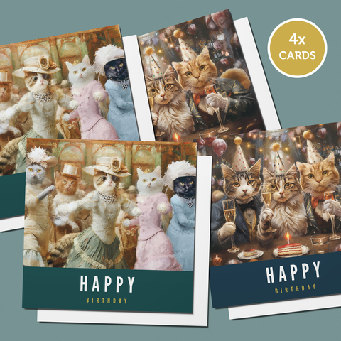 4 Cat Birthday Cards | 2 Different Cat Designs | Cat Birthday Party | Cat's  Dancing | S.Golding Birthday Card | Happy Birthday Cat Card
