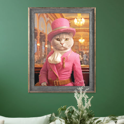 Framed wall art of a cat dressed in a pink suit and hat, presented in a rustic frame with a metallic gold edging by S.Golding