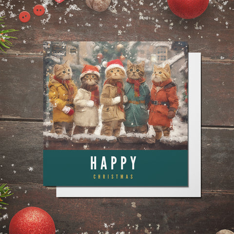 S.Golding Christmas Card | Cat Christmas Card | Cats dressed in coats singing Christmas carols | Cat Christmas