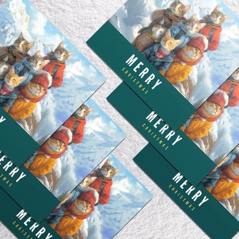 S.Golding Christmas Card | 6 Cat Christmas Cards | Cats dressed in coats on snowy mountain | Cat Xmas | Animal Xmas Cards