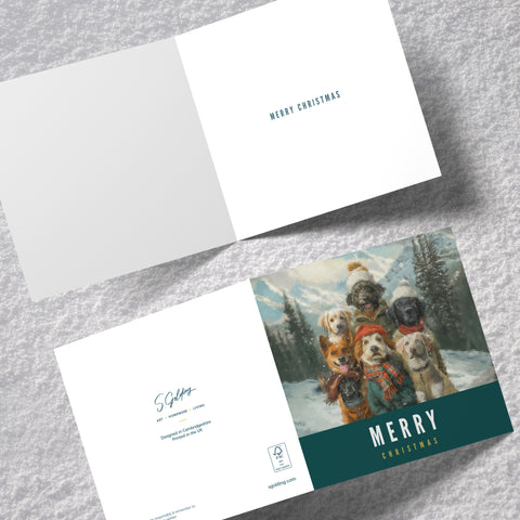 S.Golding Christmas Card | Dog Christmas Cards | Dogs dressed in coats on snowy mountain | Dog Xmas | Animal Xmas Card | Dog Christmas