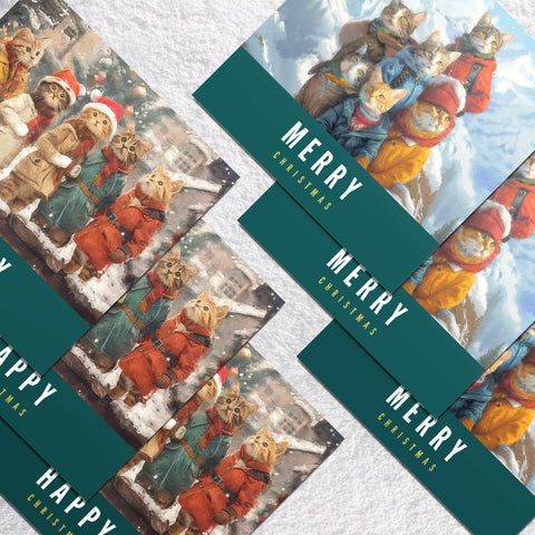 6 Cat Christmas Cards | S.Golding Christmas Cards | 3 of each design | Cats dressed in coats on snowy mountain | Cats dressed in coats singing carols