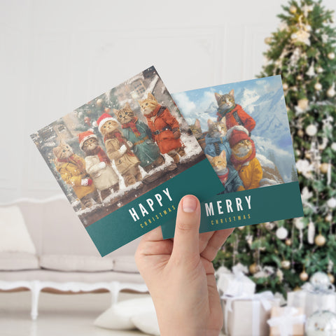 Cat Christmas Cards in hand | S.Golding Christmas Cards | Cats dressed in coats on snowy mountain | Cats dressed in coats singing carols