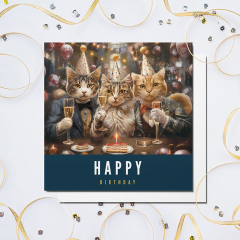 Cat Birthday Card | Cats raising their glasses in birthday celebrations | S.Golding Birthday Cards 