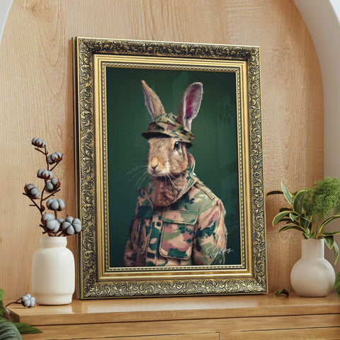 Framed portrait of a rabbit in camouflage military uniform and cap, painted in a realistic style by S.Golding, displayed in a gold frame.