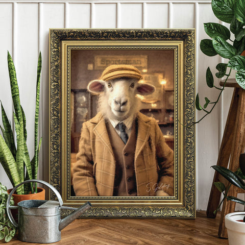 Framed picture of a custom pet portrait of a sheep in a suit in a pub named the sportsman. Artwork by S.Golding 