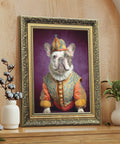 Framed portrait of a french bulldog dressed in a jester outfit, painted in a realistic style by S.Golding, displayed in a gold frame on a wooden shelf