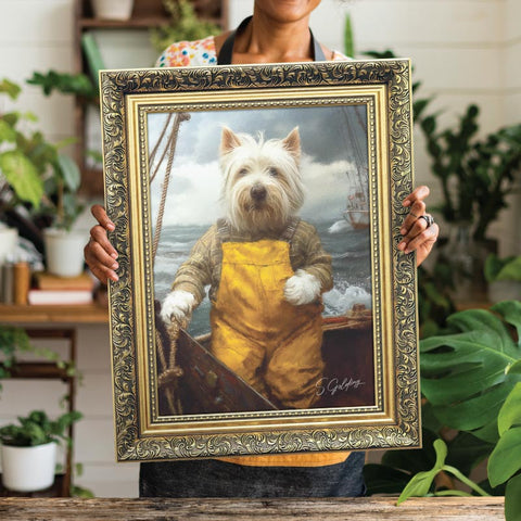 Personalised pet portrait of a anthropomorphic dog in a sailors outfit at sea, being held in a luxury gold frame. Artwork by artist S.Golding