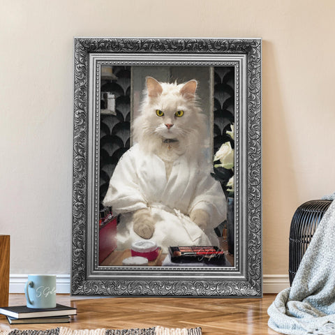 Personalised pet portrait of a anthropomorphic cat in a dressing gown putting on make-up in a luxury silver frame by artist S.Golding