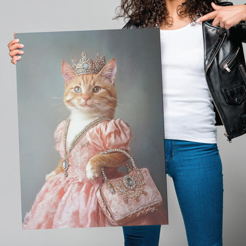 Unframed personalised pet portrait by S.Golding of a anthropomorphic cat in a pink dress and silver tiara being held by a women
