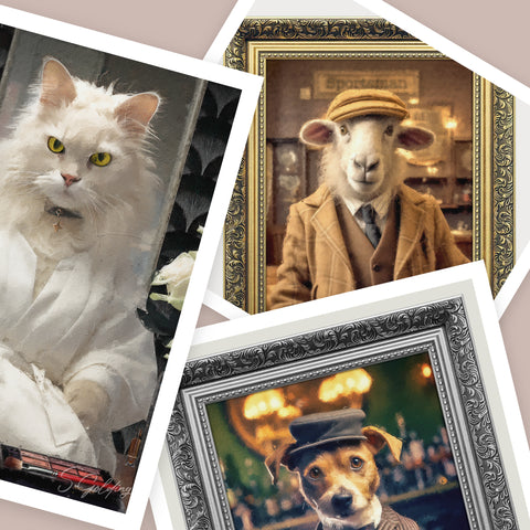 Anthropomorphic Personalised pet portrait examples by artist S.Golding