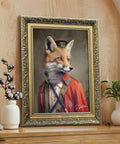 Framed portrait of a fox in a military uniform in a gold frame on a wooden surface