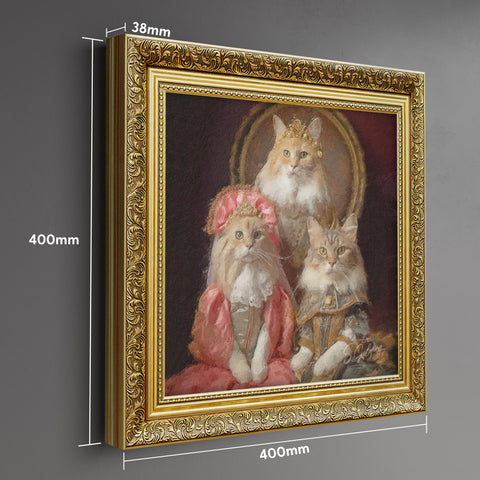 Royal cat family portrait wall art featuring three regal cats in vintage clothing with a Baroque gold frame and with frame measurements