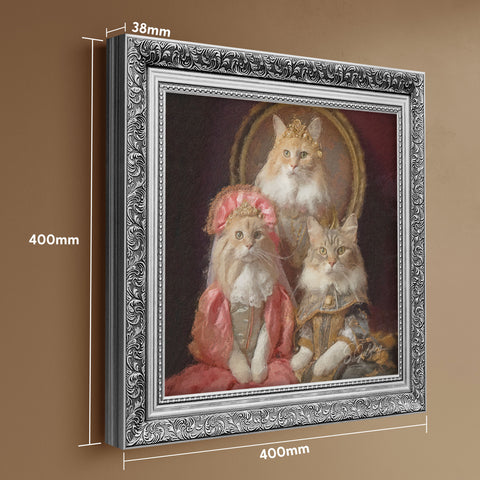 Royal cat family portrait wall art featuring three regal cats in vintage clothing with a Baroque silver frame and with frame dimensions