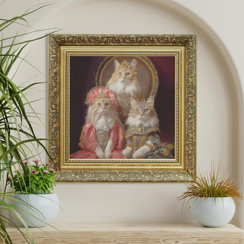 Royal cat family portrait wall art featuring three aristocratic cats in vintage clothing with ornate gold frame on cream wall