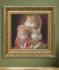 Royal cat family portrait wall art featuring three aristocratic cats in vintage clothing with ornate gold frame on green wall
