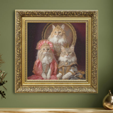 Royal cat family portrait wall art featuring three aristocratic cats in vintage clothing with ornate gold frame on green wall
