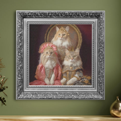 Royal cat family portrait wall art featuring three aristocratic cats in vintage clothing with ornate silver frame on green wall