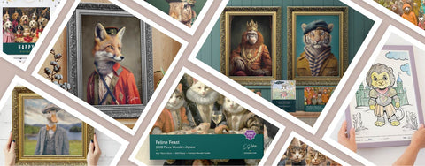 Collage of UK framed animal portraits with a focus on a fox, monkey, and tiger in formal attire. Also displaying wooden jigsaws and greetings cards UK