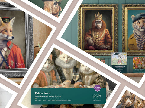 Collage of UK framed animal portraits with a focus on a fox, monkey, and tiger in formal attire. Also displaying wooden jigsaws and greetings cards UK