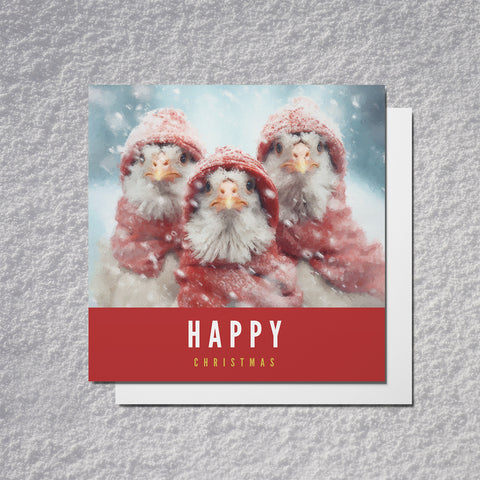 3 French Hens Christmas Card | Christmas Cards by S.Golding | 3 hens wrapped up in red scarfs and hats | Happy Christmas Card