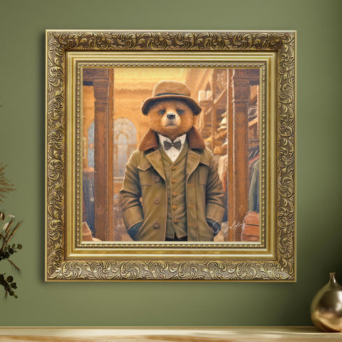 Bear wall art featuring a gentleman bear in vintage coat and hat with ornate gold frame, luxury animal decor for UK home. Art by S.Golding