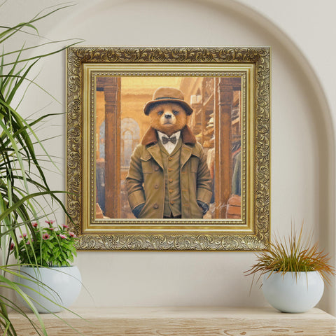 Bear wall art featuring a gentleman bear in vintage coat and hat with a baroque gold frame, luxury animal decor for UK home. Bear Art by S.Golding