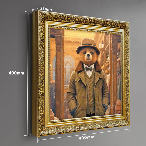 Bear wall art featuring a gentleman bear in vintage coat and hat in a ornate gold frame with dimensions displayed. Luxury animal decor for UK home. Art by S.Golding
