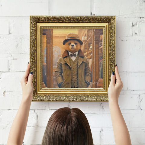 Framed artwork of a bear in a suit with a baroque gold frame, ready to hang vintage animal decor for UK home