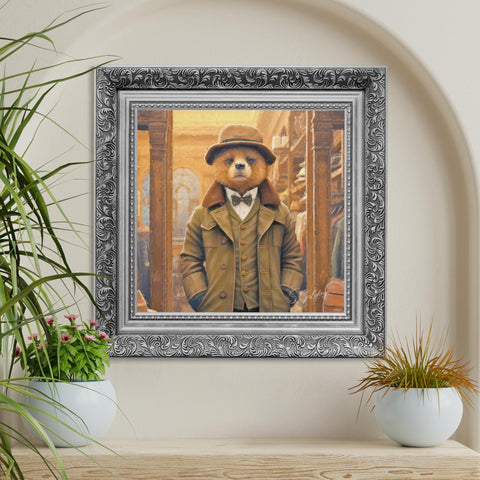 Bear wall art featuring a gentleman bear in vintage coat and hat with a baroque silver frame, luxury animal decor for UK home. Art by S.Golding