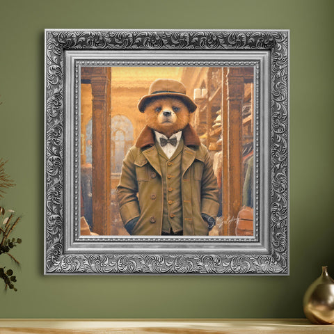 Bear wall art featuring a gentleman bear in vintage coat and hat in a luxury silver frame, luxury animal decor for UK home. Art by S.Golding