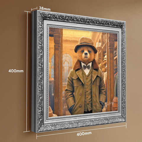 Bear wall art featuring a gentleman bear in vintage coat and hat in a ornate gold frame with dimensions displayed. Luxury animal decor for UK home. Art by S.Golding