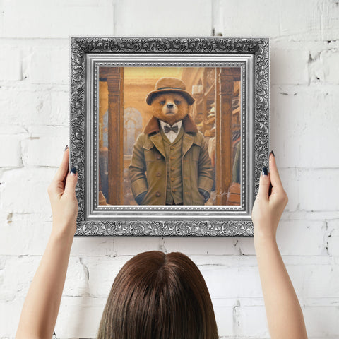 Framed artwork of a bear in a suit with a baroque silver frame, ready to hang vintage animal decor for UK home