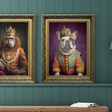 French bulldog portrait art  wearing a jester outfit in a baroque gold A2 frame. Artwork by S.Golding