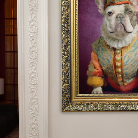 Dog wall art featuring a French bulldog in a jester outfit in a luxury gold A2 frame. Artwork by S.Golding
