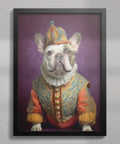 Dog wall art featuring a French bulldog in a jester outfit in a black A2 frame. Artwork by S.Golding