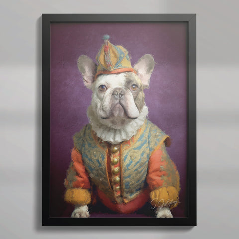 Dog wall art featuring a French bulldog in a jester outfit in a black A2 frame. Artwork by S.Golding