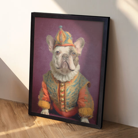 French bulldog wall art portrait, featuring a bulldog dressed in a jester outfit leaning against wall in black A2 frame, vintage animal decor UK home