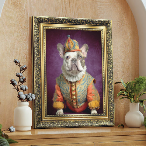 Framed portrait of a french bulldog dressed in a jester outfit, painted in a realistic style by S.Golding, displayed in a gold frame on a wooden shelf